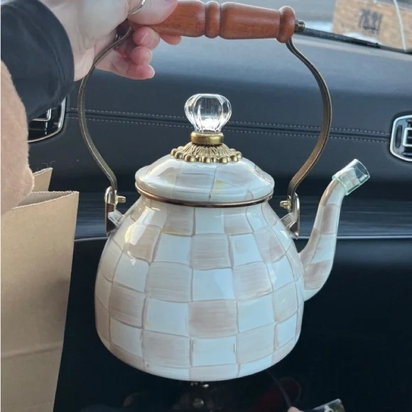 Mocha Check Tea Kettle with Wooden Handle - Picture 2 of 4